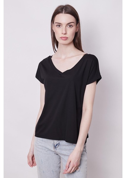 Likralı Şık Span Kumaş Ön Arka V Yaka Düşük Omuzlu Bluz-Siyah modelleri