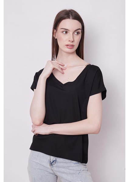 Likralı Şık Span Kumaş Ön Arka V Yaka Düşük Omuzlu Bluz-Siyah fırsatları