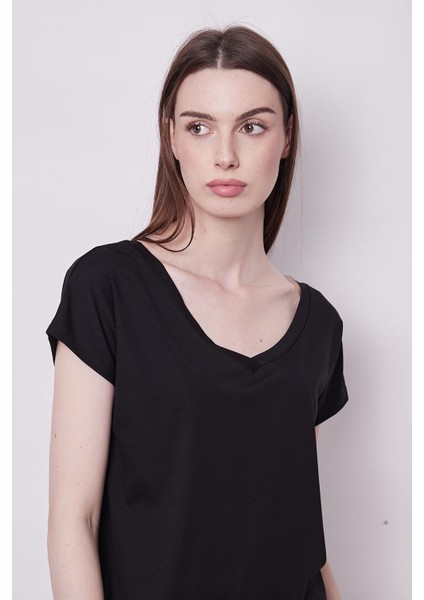 Likralı Şık Span Kumaş Ön Arka V Yaka Düşük Omuzlu Bluz-Siyah indirimleri