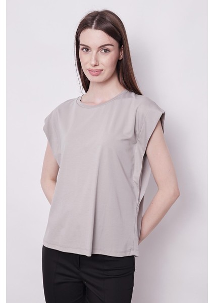 Şık Likralı Span Kumaş Kolsuz Geniş Sıfır Yaka Düşük Omuzlu Basic Tshirt Bluz-Gri