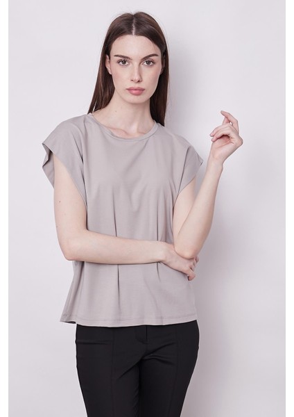 Şık Likralı Span Kumaş Kolsuz Geniş Sıfır Yaka Düşük Omuzlu Basic Tshirt Bluz-Gri fiyatları