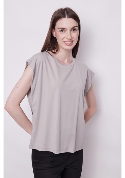 Şık Likralı Span Kumaş Kolsuz Geniş Sıfır Yaka Düşük Omuzlu Basic Tshirt Bluz-Gri modelleri