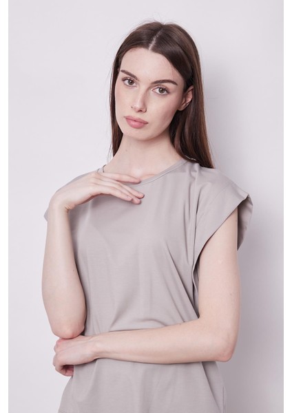 Şık Likralı Span Kumaş Kolsuz Geniş Sıfır Yaka Düşük Omuzlu Basic Tshirt Bluz-Gri fırsatları