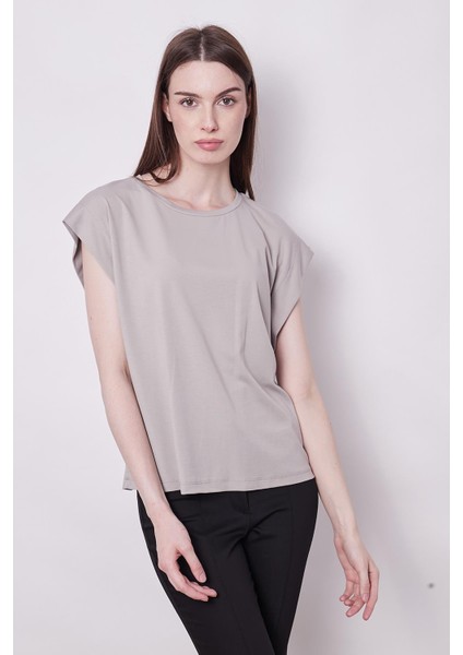 Şık Likralı Span Kumaş Kolsuz Geniş Sıfır Yaka Düşük Omuzlu Basic Tshirt Bluz-Gri indirimleri