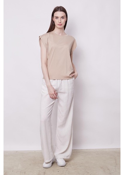 Şık Likralı Span Kumaş Kolsuz Geniş Sıfır Yaka Düşük Omuzlu Basic Tshirt Bluz-Koyu Bej fiyatları