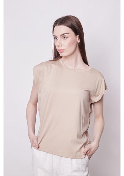 Şık Likralı Span Kumaş Kolsuz Geniş Sıfır Yaka Düşük Omuzlu Basic Tshirt Bluz-Koyu Bej modelleri