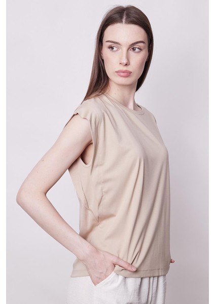 Şık Likralı Span Kumaş Kolsuz Geniş Sıfır Yaka Düşük Omuzlu Basic Tshirt Bluz-Koyu Bej indirimleri