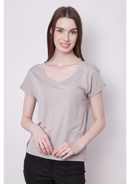 Likralı Şık Span Kumaş Ön Arka V Yaka Düşük Omuzlu Bluz-Gri modelleri