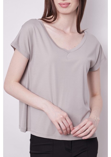 Likralı Şık Span Kumaş Ön Arka V Yaka Düşük Omuzlu Bluz-Gri fırsatları