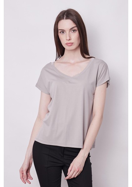 Likralı Şık Span Kumaş Ön Arka V Yaka Düşük Omuzlu Bluz-Gri indirimleri