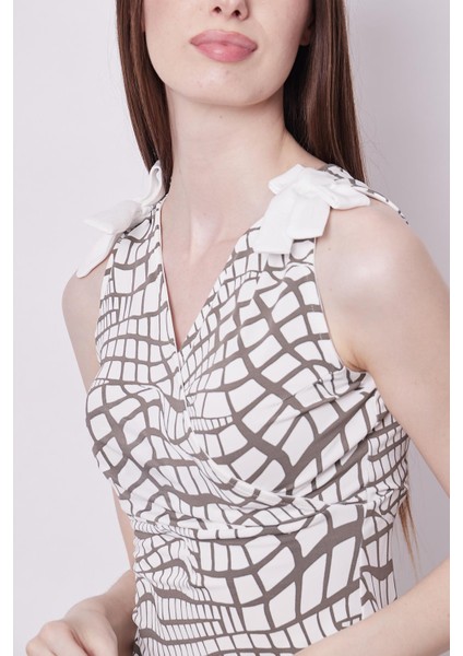 Desenli Likralı Kumaş Anvelop Kruvaze Ön Arka V Yaka Omuzları Bağcıklı Body Bluz-Vizon Desen fiyatları