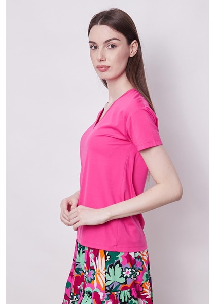 Kadın V Yaka Kısa Kol Likralı Span Kumaş Şık T-Shirt Bluz-Fujya modelleri