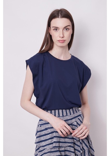 Şık Likralı Span Kumaş Kolsuz Geniş Sıfır Yaka Düşük Omuzlu Basic Tshirt Bluz-Lacivert