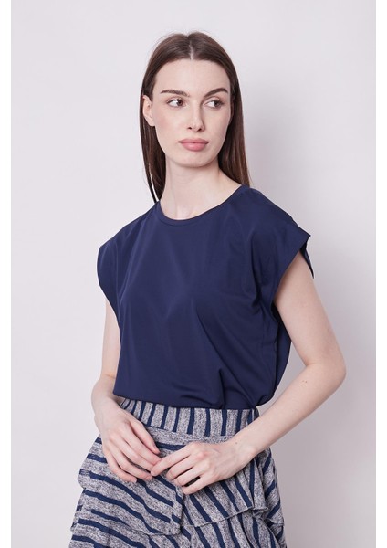 Şık Likralı Span Kumaş Kolsuz Geniş Sıfır Yaka Düşük Omuzlu Basic Tshirt Bluz-Lacivert fırsatları