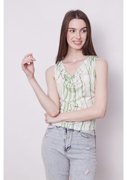 Desenli Likralı Kumaş Degaje Yaka Kolsuz Body Bluz-Mint Desen modelleri