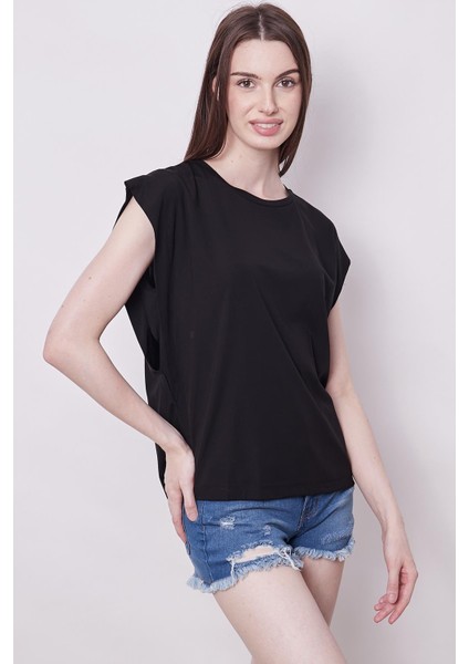 Şık Likralı Span Kumaş Kolsuz Geniş Sıfır Yaka Düşük Omuzlu Basic Tshirt Bluz-Siyah