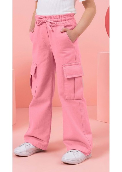 Hopi Kids Kargo Cepli Lastikli Bel Gabardin Kız Kargo Pantolon - Pembe - 5-6 Yaş