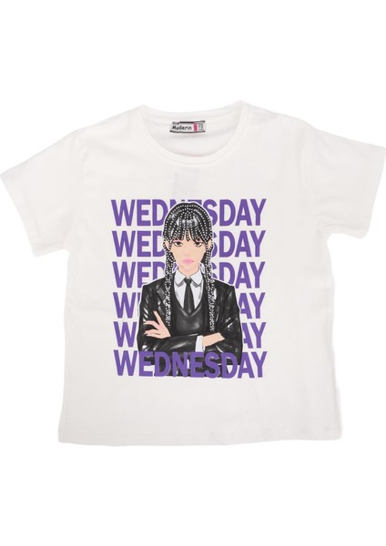 Wednesday Baskılı Bisiklet Yaka T-Shirt