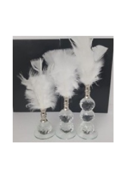 Kristal Beyaz Tüy Dekor Gümüş Renk Ağızlık Set