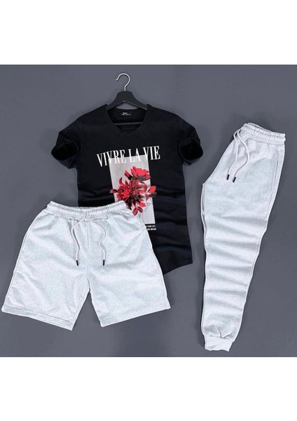 Büyük Beden Özel Tasarım Vivre La Vie Baskılı Kısa Kollu Yazlık Erkek 3 Lü Eşofman Takımı