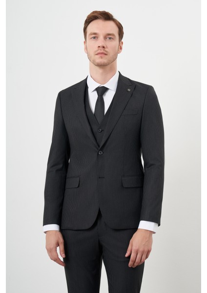 Erkek Siyah Poliviskon Trend Yelekli Çizgili Desen Slim Fit Sivri Yaka Takım Elbise fırsatları