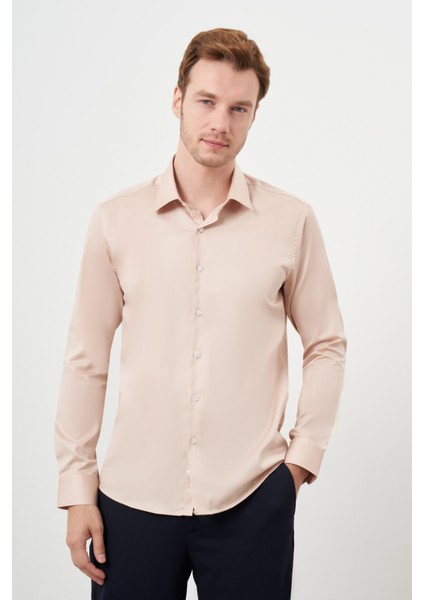 Erkek Bej Pamuk Düz Desen Sert Yaka Slim Fit Gömlek