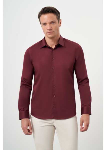 Erkek Bordo Pamuk Düz Desen Sert Yaka Slim Fit Gömlek