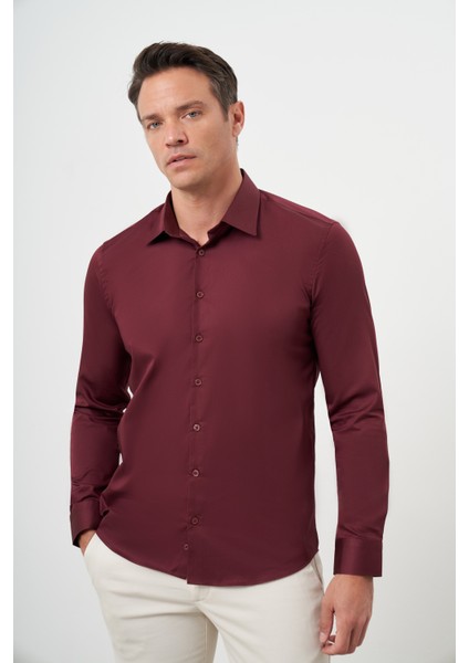 Erkek Bordo Pamuk Düz Desen Sert Yaka Slim Fit Gömlek modelleri