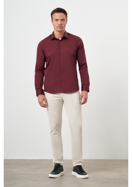 Erkek Bordo Pamuk Düz Desen Sert Yaka Slim Fit Gömlek fırsatları