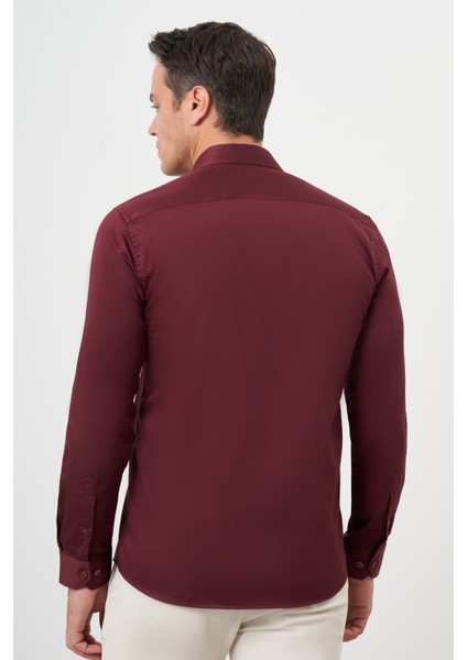 Erkek Bordo Pamuk Düz Desen Sert Yaka Slim Fit Gömlek indirimleri