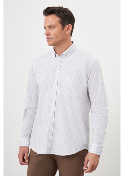 Erkek Açık Kahve Pamuk Cepli Ekoseli Düğmeli Yaka Regular Fit Gömlek fiyatları