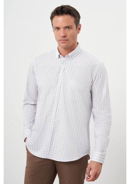 Erkek Açık Kahve Pamuk Cepli Ekoseli Düğmeli Yaka Regular Fit Gömlek modelleri