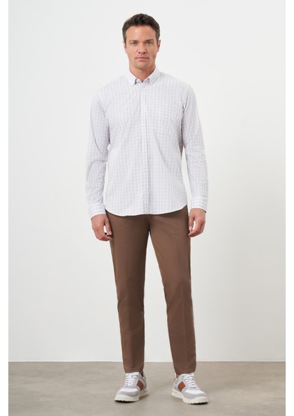Erkek Açık Kahve Pamuk Cepli Ekoseli Düğmeli Yaka Regular Fit Gömlek fırsatları