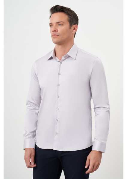 Erkek Gri Pamuk Düz Desen Sert Yaka Slim Fit Gömlek modelleri