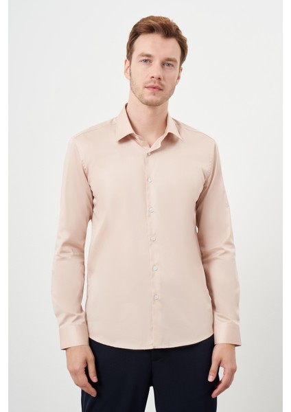Erkek Bej Pamuk Düz Desen Sert Yaka Slim Fit Gömlek