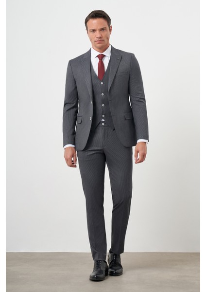 Erkek Füme Poliviskon Trend Yelekli Çizgili Desen Slim Fit Sivri Yaka Takım Elbise