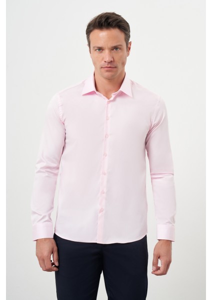 Erkek Pembe Pamuk Düz Desen Sert Yaka Slim Fit Gömlek