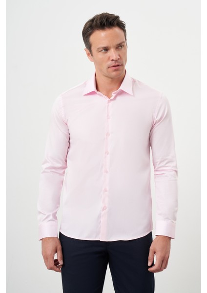 Erkek Pembe Pamuk Düz Desen Sert Yaka Slim Fit Gömlek fiyatları