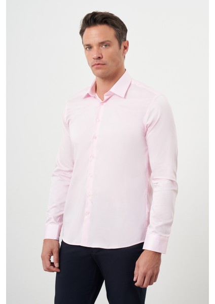 Erkek Pembe Pamuk Düz Desen Sert Yaka Slim Fit Gömlek modelleri