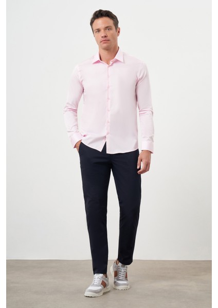 Erkek Pembe Pamuk Düz Desen Sert Yaka Slim Fit Gömlek fırsatları