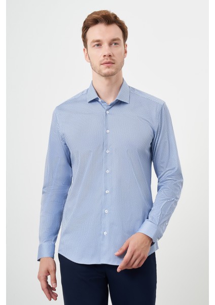 Erkek Mavi Pamuk Baskılı Desenli Italyan Yaka Slim Fit Gömlek