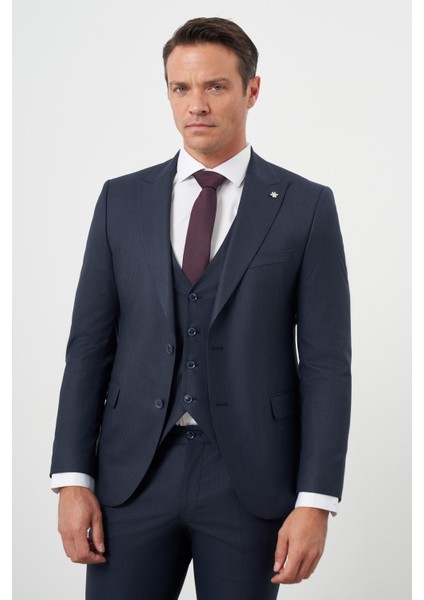 Erkek Lacivert Poliviskon Trend Yelekli Çizgili Desen Slim Fit Sivri Yaka Takım Elbise fırsatları