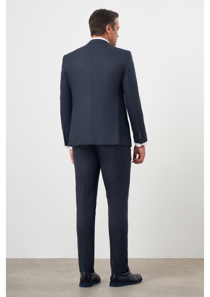 Erkek Lacivert Poliviskon Trend Yelekli Çizgili Desen Slim Fit Sivri Yaka Takım Elbise indirimleri