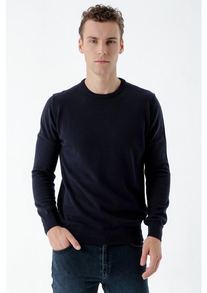 Erkek Lacivert Basic Bisiklet Yaka Dynamic Fit Rahat Kesim Triko