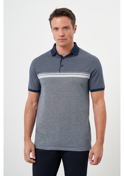 Erkek Lacivert Trend Çizgili Polo Yaka Dynamic Fit T-Shirt