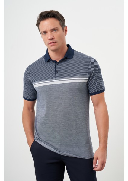 Erkek Lacivert Trend Çizgili Polo Yaka Dynamic Fit T-Shirt