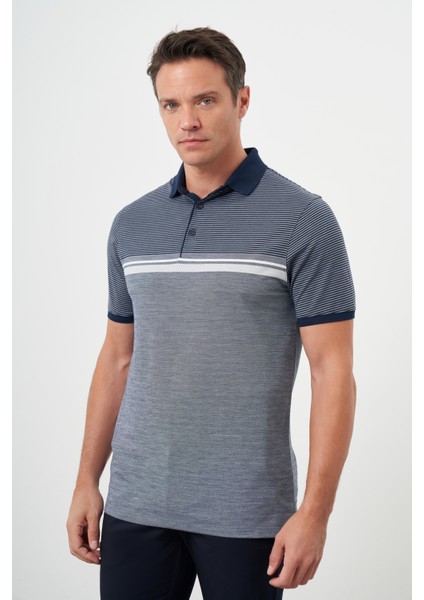 Erkek Lacivert Trend Çizgili Polo Yaka Dynamic Fit T-Shirt