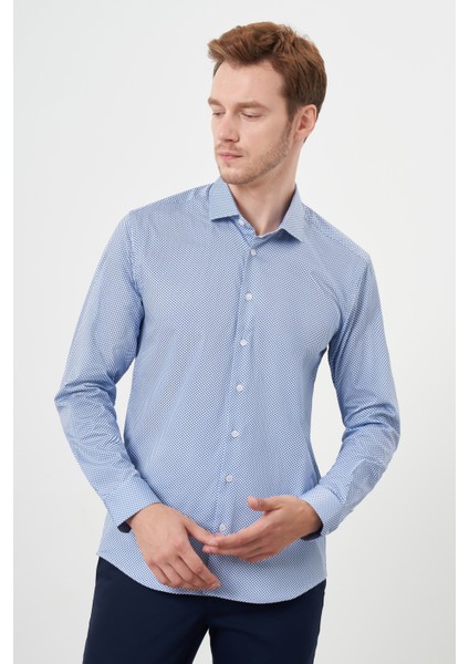 Erkek Mavi Pamuk Baskılı Desenli Italyan Yaka Slim Fit Gömlek