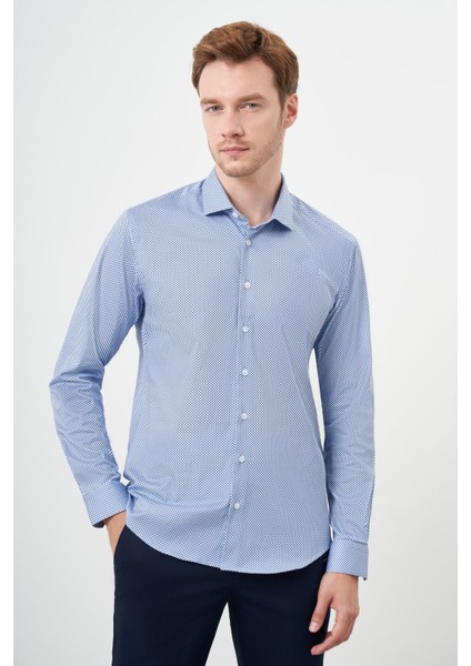 Erkek Mavi Pamuk Baskılı Desenli Italyan Yaka Slim Fit Gömlek