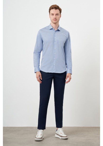 Erkek Mavi Pamuk Baskılı Desenli Italyan Yaka Slim Fit Gömlek